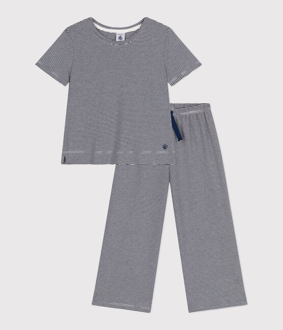 Kurzärmeliger Kinder-Pyjama aus Baumwolle mit weiten Beinen und Streifen blau SMOKING/weiss MARSHMALLOW