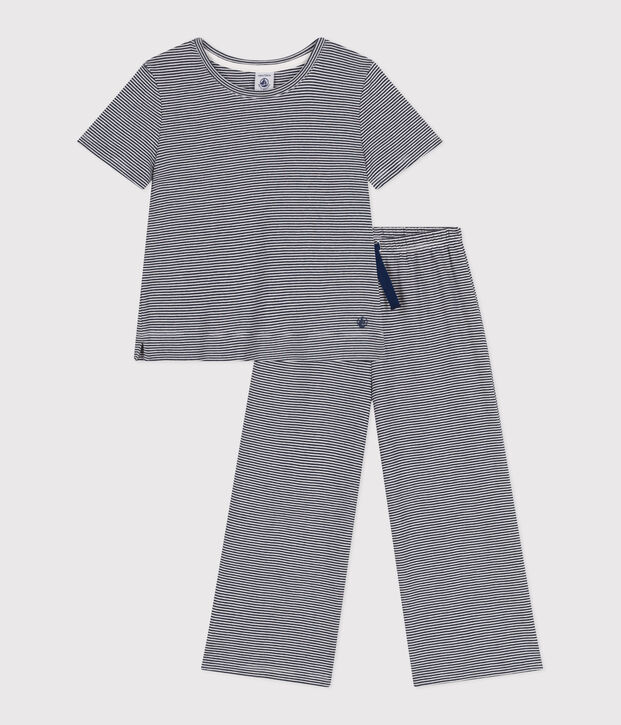 Kurz&auml;rmeliger Kinder-Pyjama aus Baumwolle mit weiten Beinen und Streifen blau/weiss