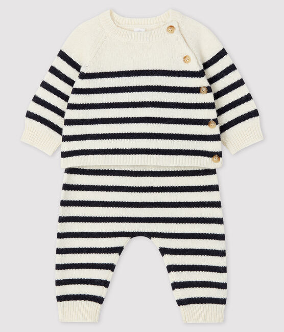 Gestreifter Baby-Zweiteiler aus Strick mit Wollanteil weiss MARSHMALLOW/blau SMOKING