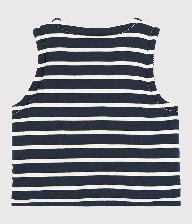 &Auml;rmellose, wendbare Baby-Jacke aus wattiertem Rippstrick blau/weiss