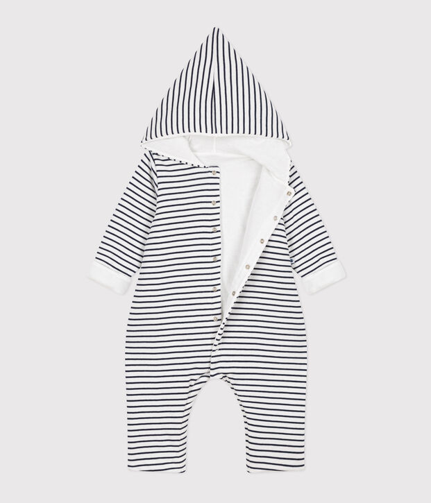 Langer wattierter Baby-Overall aus Baumwolle mit Kapuze weiss/blau