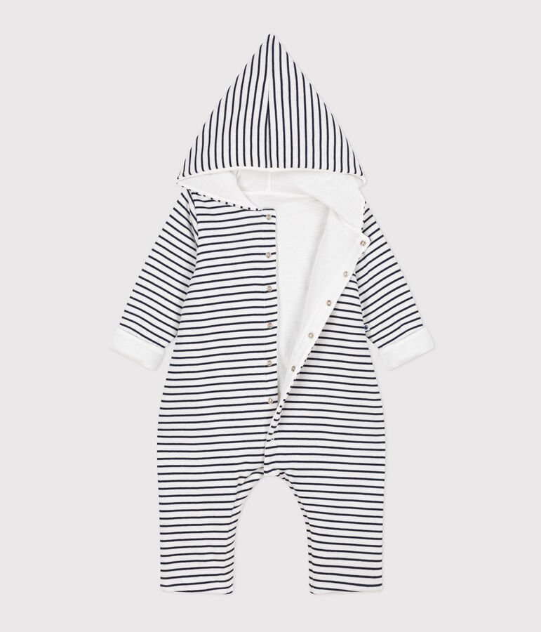 Langer wattierter Baby-Overall aus Baumwolle mit Kapuze weiss/blau