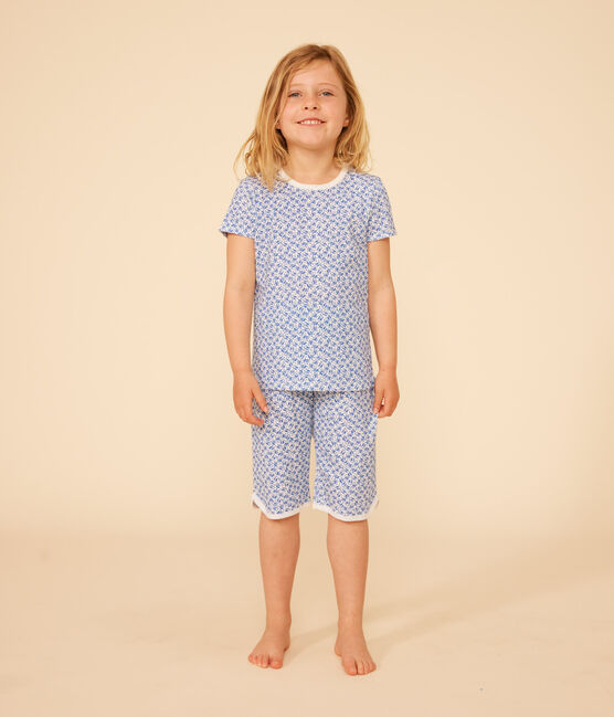 Kinder-Capripyjama aus Baumwolle mit Blumenmuster blau MARSHMALLOW/ INCOGNITO