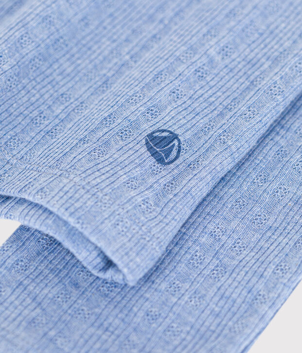 Lang&auml;rmeliges Damen-T-Shirt mit Kragen mit Knopfleiste im einfarbigen Nadelzug-Strick blau
