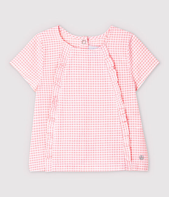 Kurzärmelige Baby-Bluse für Mädchen aus Popeline rosa MINOIS/weiss MARSHMALLOW