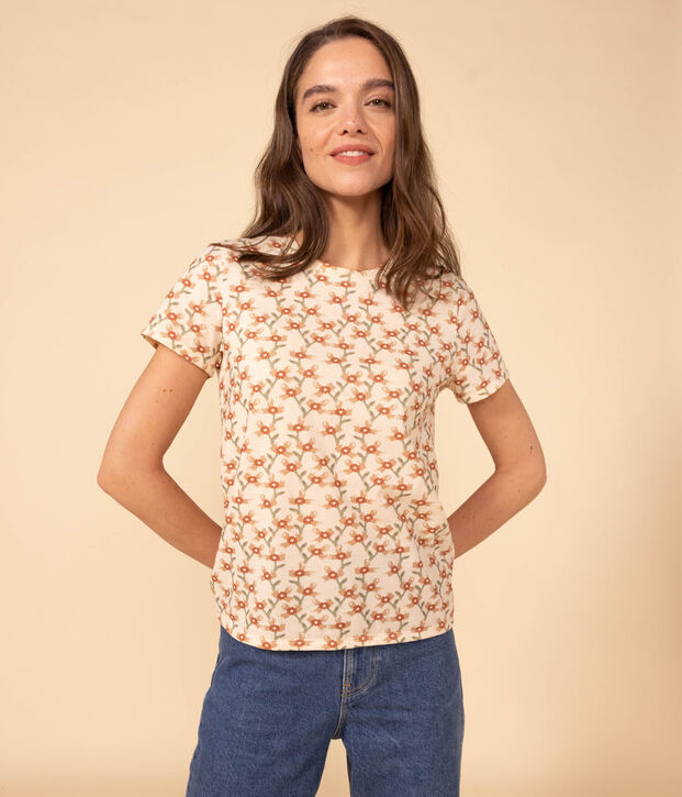 Damen-T-Shirt LE DROIT aus Baumwolle mit Rundhalsausschnitt naturfarben/vielfarbig
