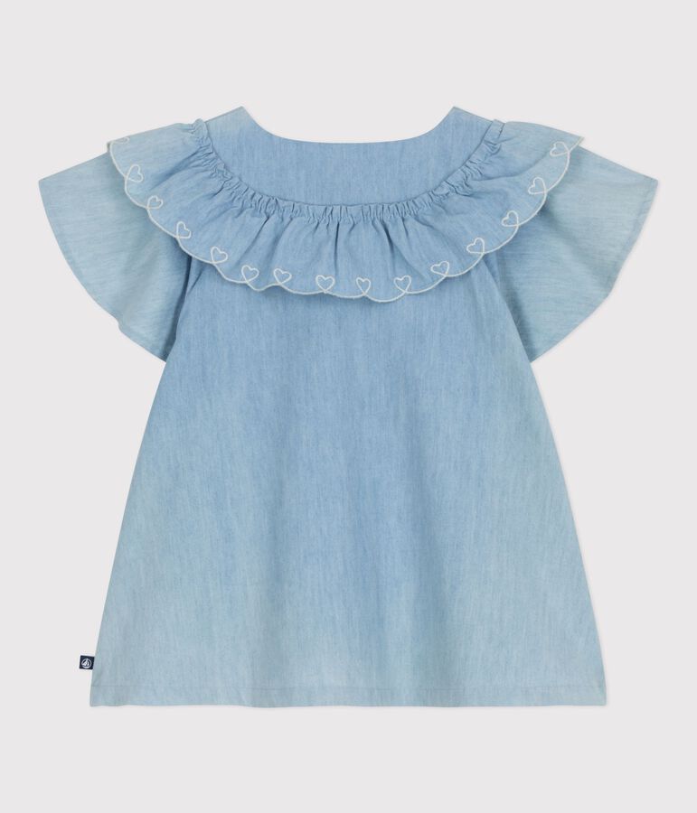 Kurz&auml;rmelige Kinder-Bluse aus einfarbiger Baumwolle blau BLEU CLAIR