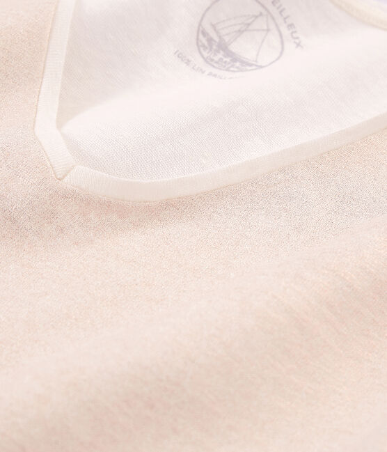 Kurzärmeliges einfarbiges schillerndes leinen-t-shirt damen weiss MARSHMALLOW/rosa COPPER