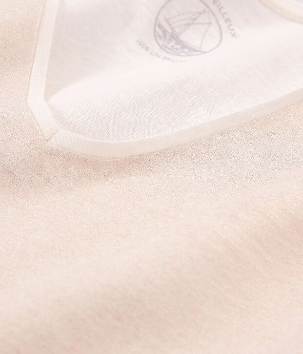 Kurz&auml;rmeliges einfarbiges schillerndes leinen-t-shirt damen weiss/rosa