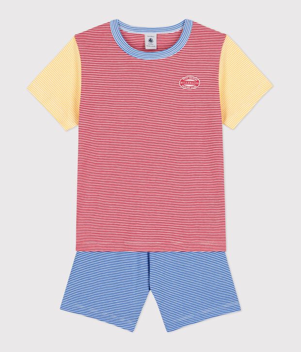 Kinder-Kurzpyjama aus Baumwolle mit roten, blauen und gelben Ringelstreifen f&uuml;r Jungen rot/vielfarbig