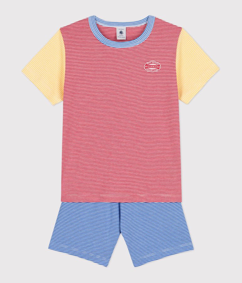 Kinder-Kurzpyjama aus Baumwolle mit roten, blauen und gelben Ringelstreifen f&uuml;r Jungen rot/vielfarbig