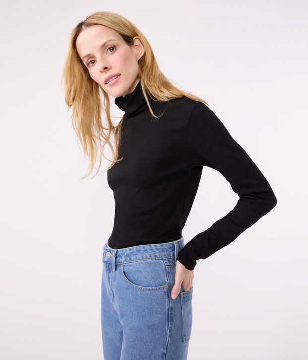 Damen-Rollkragenshirt L'Iconique aus Baumwolle schwarz