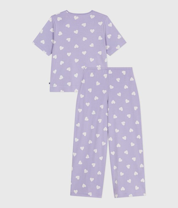 Kurz&auml;rmeliger Damen-Pyjama mit weitem Bein aus Baumwolle mit Herz-Motiv violett/weiss
