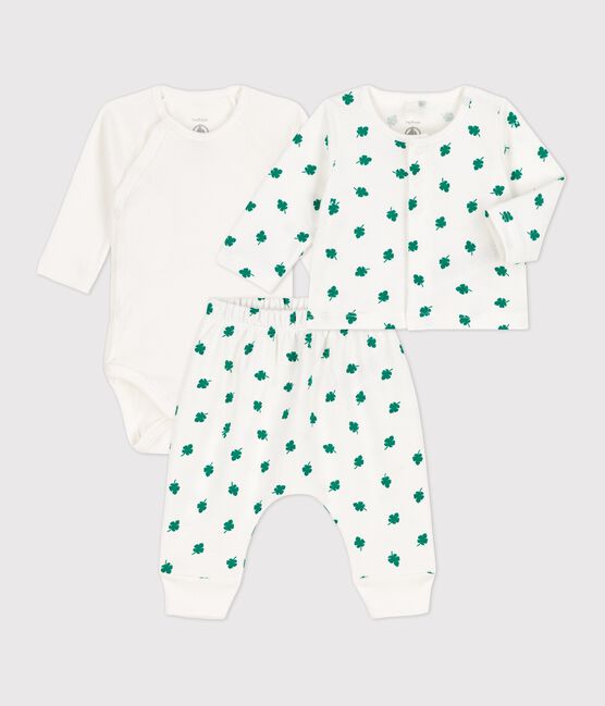 Dreiteiliges Baby-Set aus Bio-Molton mit Pflanzenmuster weiss MARSHMALLOW/grün GAZON