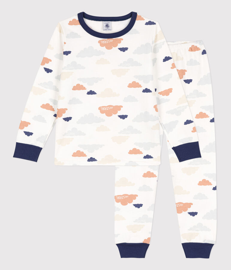 Kinderpyjama aus Molton mit Wolkenmotiv weiss/vielfarbig