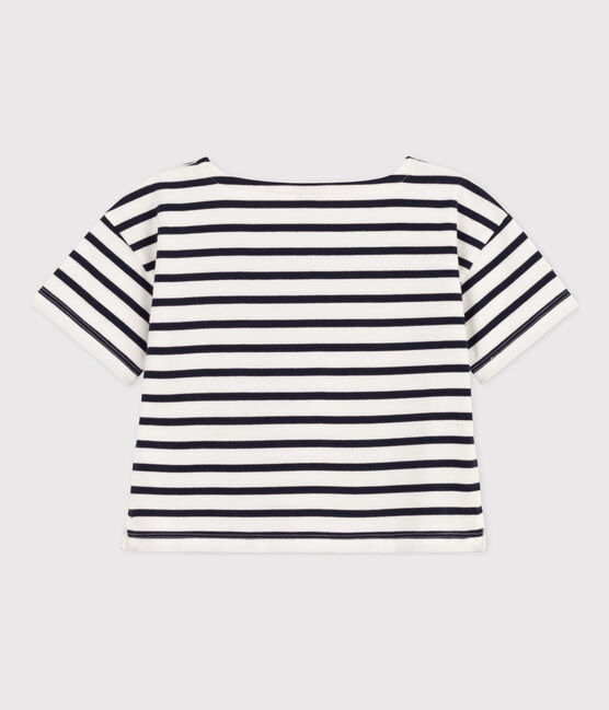 Kurzärmeliges, gestreiftes Kinder-T-Shirt aus Baumwolle für Mädchen weiss MARSHMALLOW/blau SMOKING