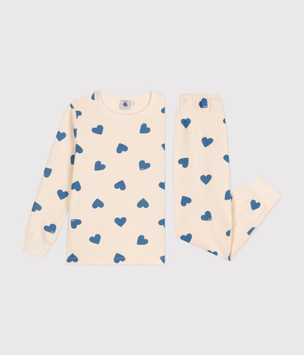 Kinder-Pyjama aus aufgerautem Molton mit Herzmuster blau/blau