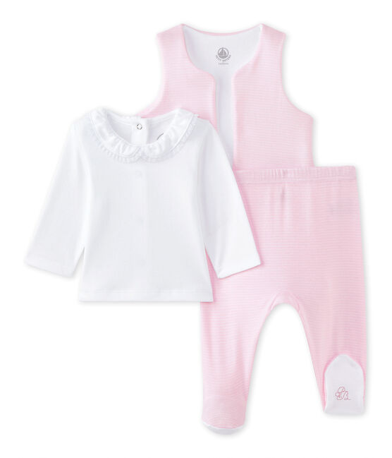 Dreiteiliges Baby-Mädchen-Ensemble weiss ECUME/rosa VIENNE