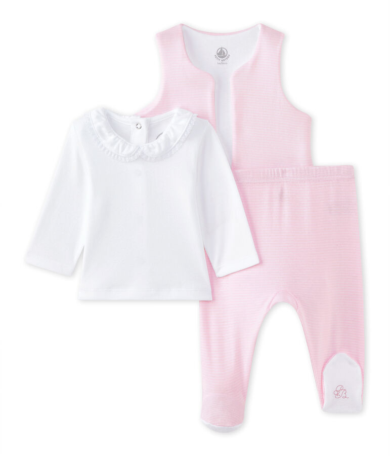 Dreiteiliges Baby-M&auml;dchen-Ensemble weiss/rosa