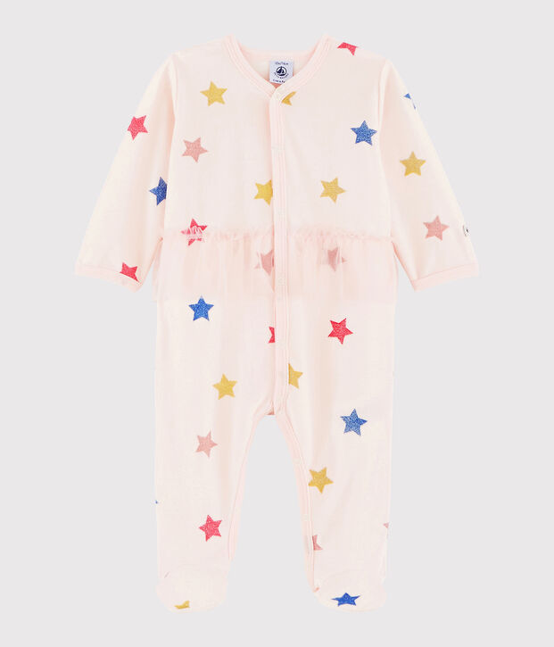 Baby-Strampler aus Nicki mit Sternenmuster f&uuml;r M&auml;dchen rosa/vielfarbig
