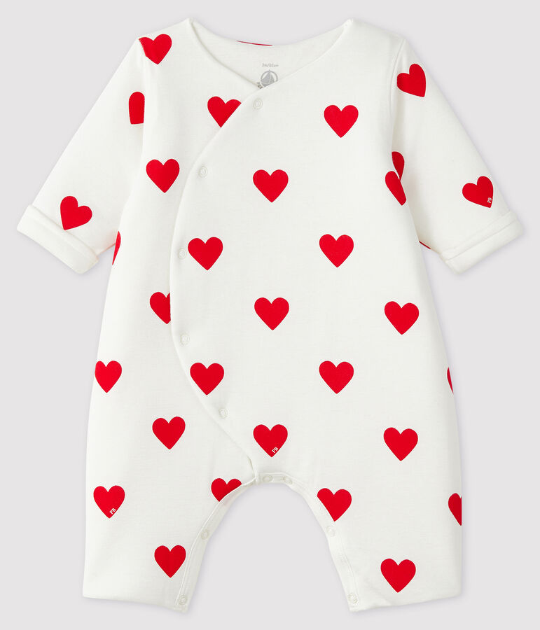 Langer Baby-Overall aus Rippstrick mit roten Herzen weiss MARSHMALLOW/rot TERKUIT