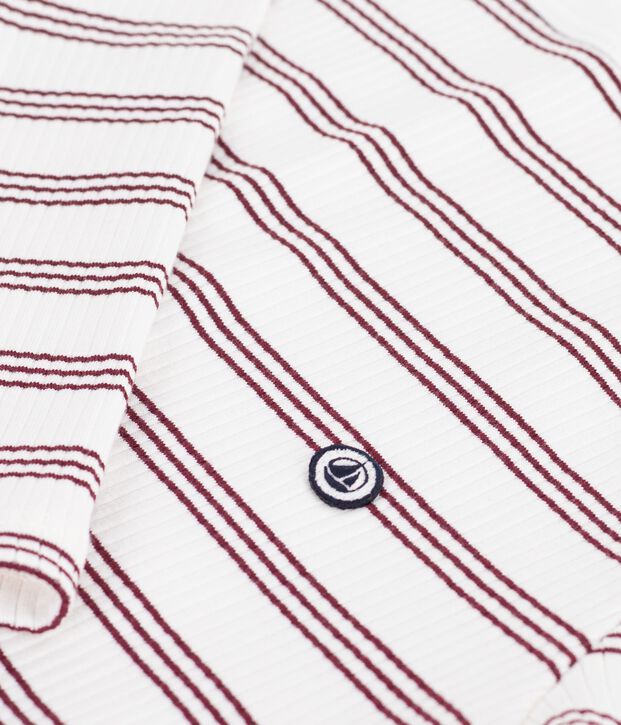 Lang&auml;rmeliges Damen T-Shirt aus Baumwolle mit Offizierskragen und Streifen weiss/rot