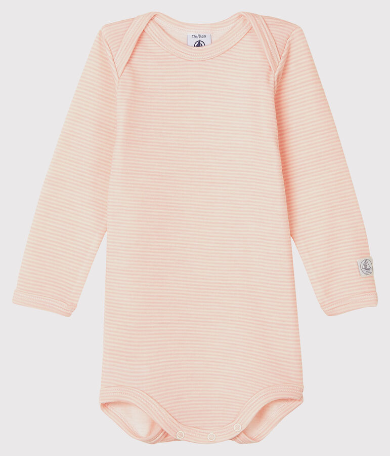 Lang&auml;rmliger Baby-Body mit Streifen aus Wolle und Baumwolle rosa/weiss