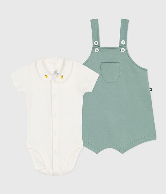 Newborn-Set Latzhose und bestickter Strampler aus einfarbiger Baumwolle grün PAUL