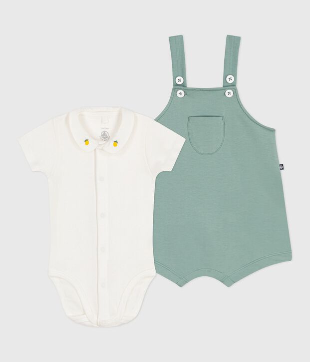 Newborn-Set Latzhose und bestickter Strampler aus einfarbiger Baumwolle gr&uuml;n