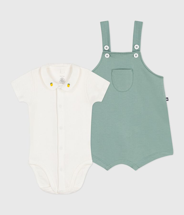 Newborn-Set Latzhose und bestickter Strampler aus einfarbiger Baumwolle gr&uuml;n