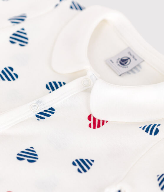 Baby-Kurzoverall aus Baumwolle mit Kragen und gestreiftem Herz weiss MARSHMALLOW/weiss MULTICO