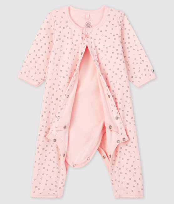 Baby-Bodyjama ohne Füße aus Bio-Baumwolle mit kleinem Sternen-Motiv für Mädchen rosa FLEUR/grau CONCRETE