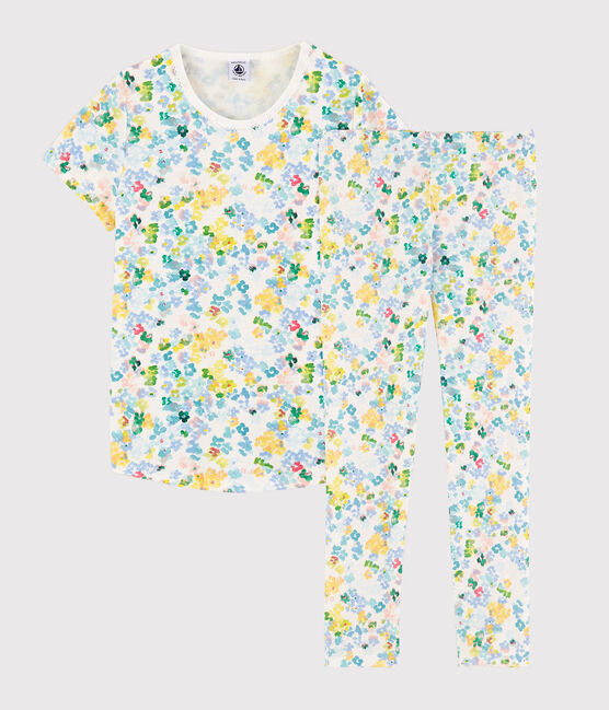 Kinderpyjama aus Baumwolle mit Blumenmuster im Aquarell-Stil für Mädchen weiss MARSHMALLOW/weiss MULTICO