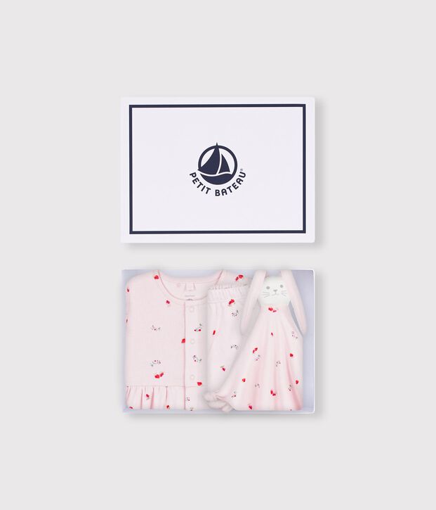 Baby-Geschenkset Kleid und Kuscheltier aus Baumwolle mit Blumenmuster rosa/vielfarbig