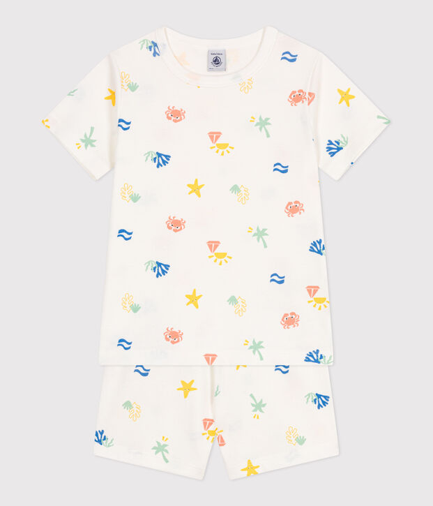 Kinder-Kurzpyjama aus bedruckter Baumwolle weiss/vielfarbig