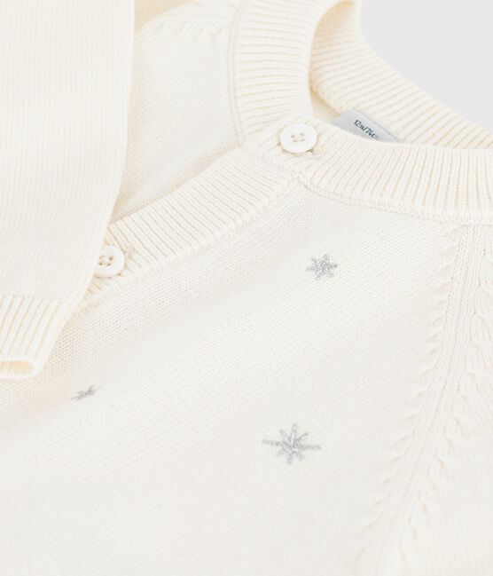 Baby-Cardigan aus Woll- und Baumwollstrick mit bestickten Sternen weiss MARSHMALLOW/grau ARGENT