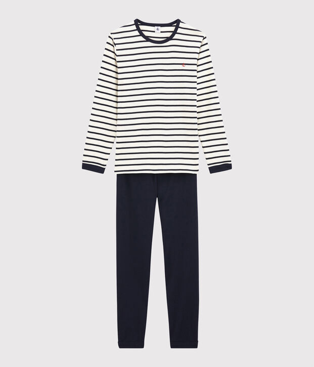 Pyjama aus Rippstrick mit Matrosenmuster weiss/blau