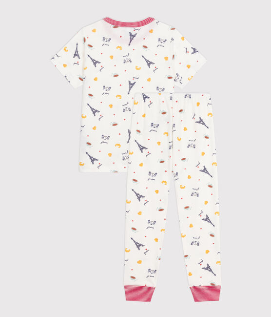 Kurzärmeliger Kinder-Pyjama mit langen Beinen aus bedruckter Baumwolle weiss MARSHMALLOW/weiss MULTICO