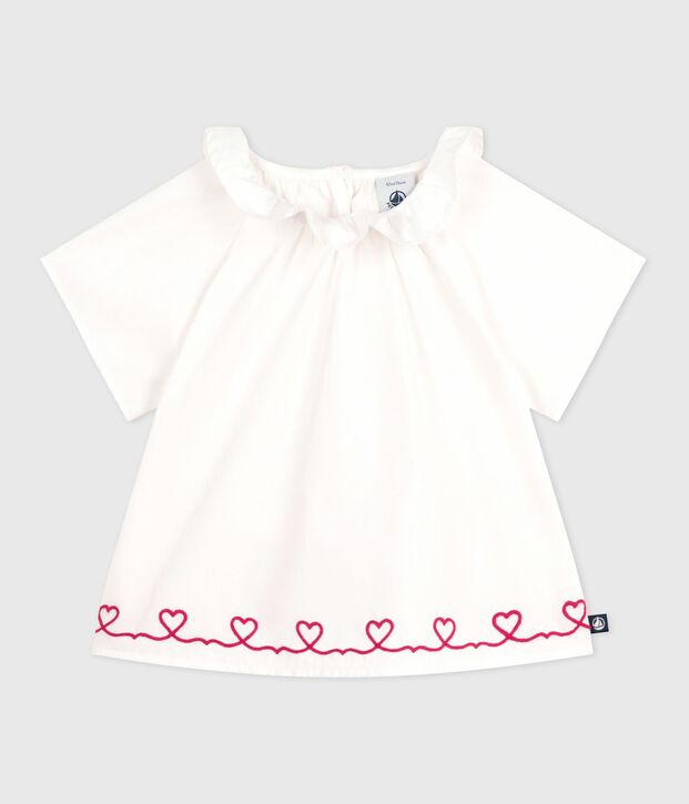 Kurz&auml;rmelige Baby-Bluse aus Baumwoll-Popeline mit bestickten Herzen weiss