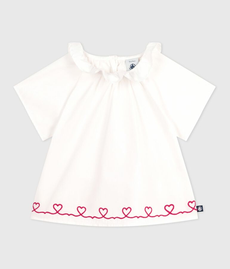 Kurz&auml;rmelige Baby-Bluse aus Baumwoll-Popeline mit bestickten Herzen weiss