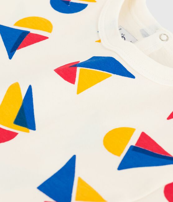 Kurzärmeliges Baby-T-Shirt aus Baumwolle mit Schiffchenmuster MILK/ MULTICO
