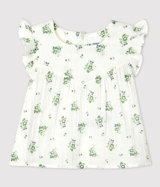 Kurzärmelige Baby-Bluse aus Bio-Musselin-Stoff mit Blumenmuster weiss MARSHMALLOW/weiss MULTICO