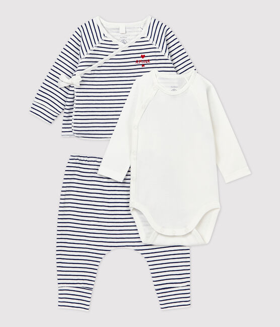 Dreiteiliges Baby-Set mit Streifenmuster aus Bio-Baumwolle weiss MARSHMALLOW/blau SMOKING