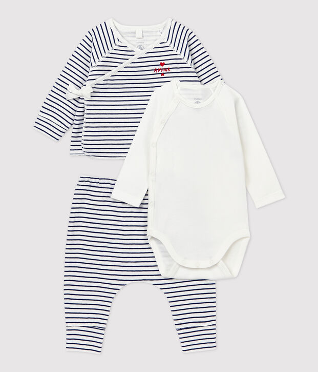 Dreiteiliges Baby-Set mit Streifenmuster aus Bio-Baumwolle weiss/blau