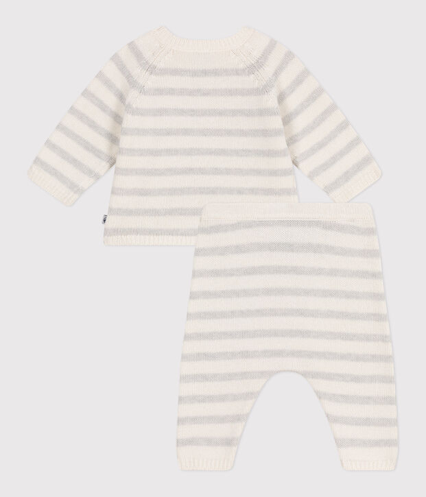 2-teiliges Baby-Set aus Woll- und Baumwoll-Strick weiss/beige