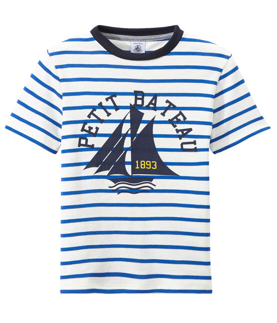 Bedrucktes Jungen-T-Shirt mit Streifen weiss MARSHMALLOW/blau PERSE