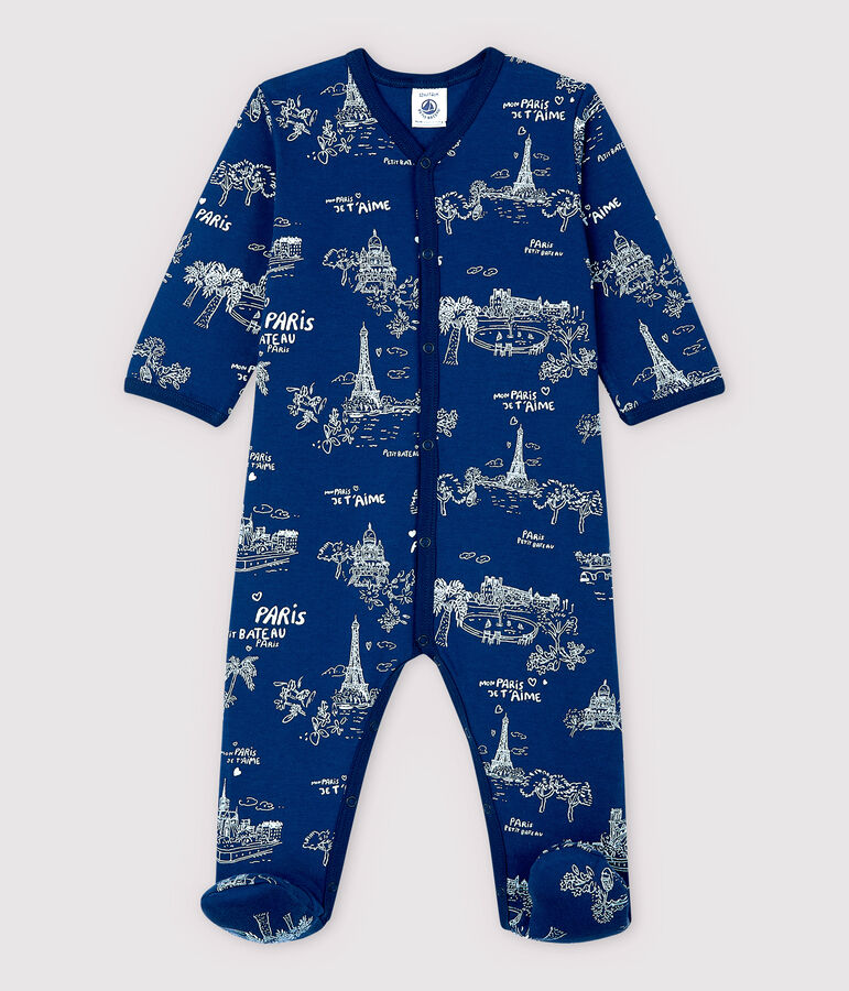 Baby-Strampler aus Doppeljersey mit Paris-Motiv im Toile-de-Jouy-Stil blau/weiss