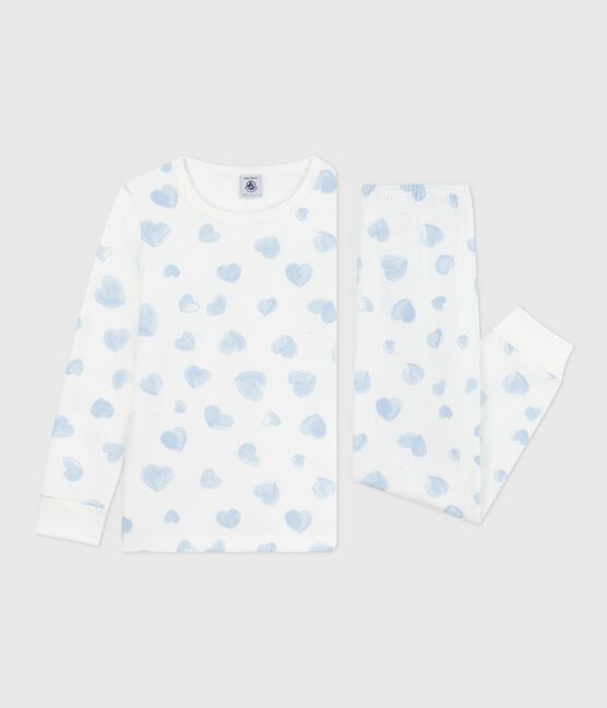 Kinder-Pyjama aus Molton mit Herzmuster weiss MARSHMALLOW/weiss MULTICO