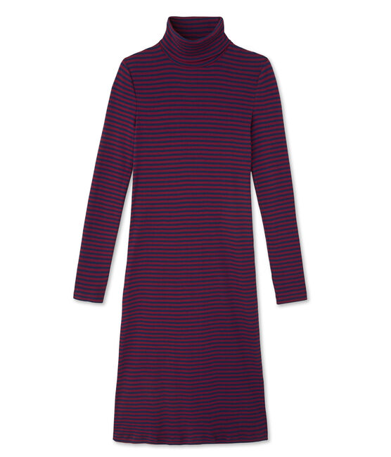 Gestreiftes Damen-Kleid mit Rollkragen aus ultra-leichter Baumwolle rot CLAFOUTI/blau MEDIEVAL