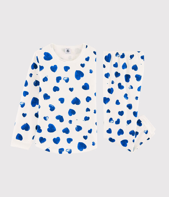 Pyjama aus Molton mit blauen Herzchen für Mädchen weiss MARSHMALLOW/blau BLEU